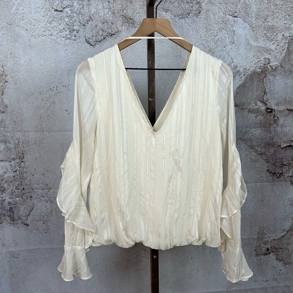 BCX ruffled sleeve shimmer top size L tonal pinstripe  feminine wrap blouse Y2K - Picture 6 of 6